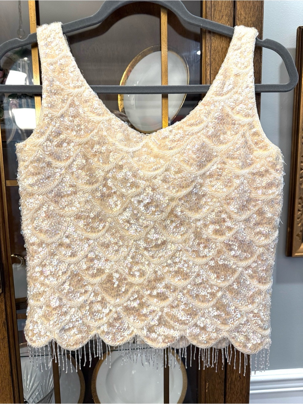 Vintage Beaded Sequin Wool Tank Top in Champagne